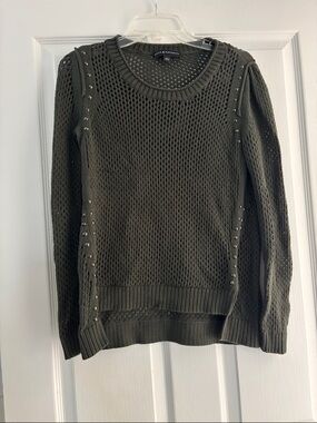 Rock & Republic Olive Open-Knit Studded Crewneck Sweater Sz S